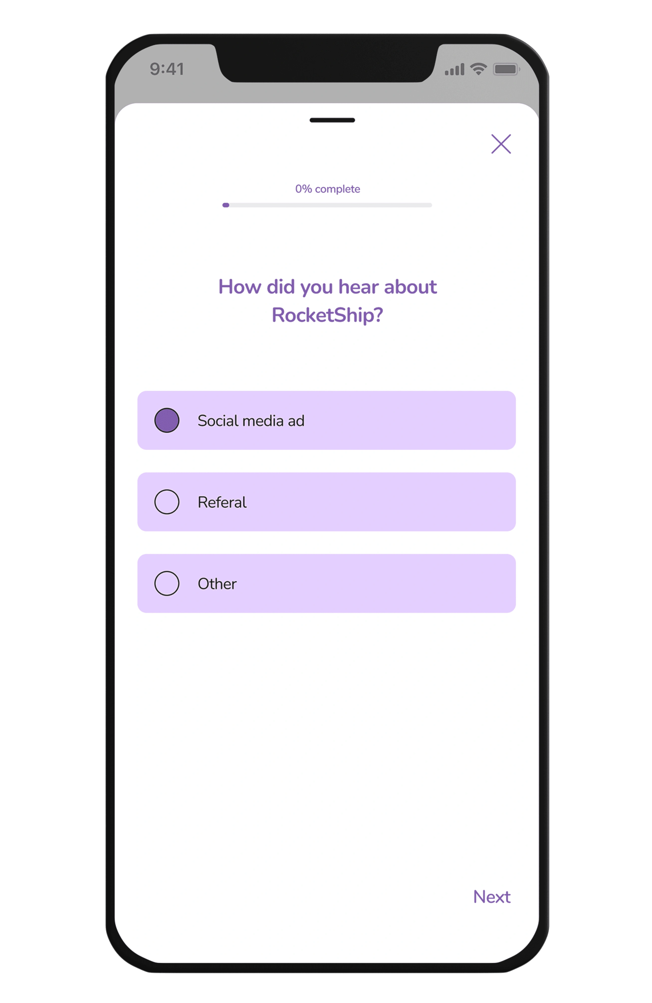 An in-app MobSur survey on an iPhone, styled to match the host app